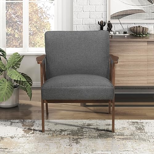 Miniatura 5 de Lexicon Silla decorativa moderna de mediados de siglo, sillón tapizado, asiento de sofá individual, acabado marrón, marco de madera maciza, cómodas