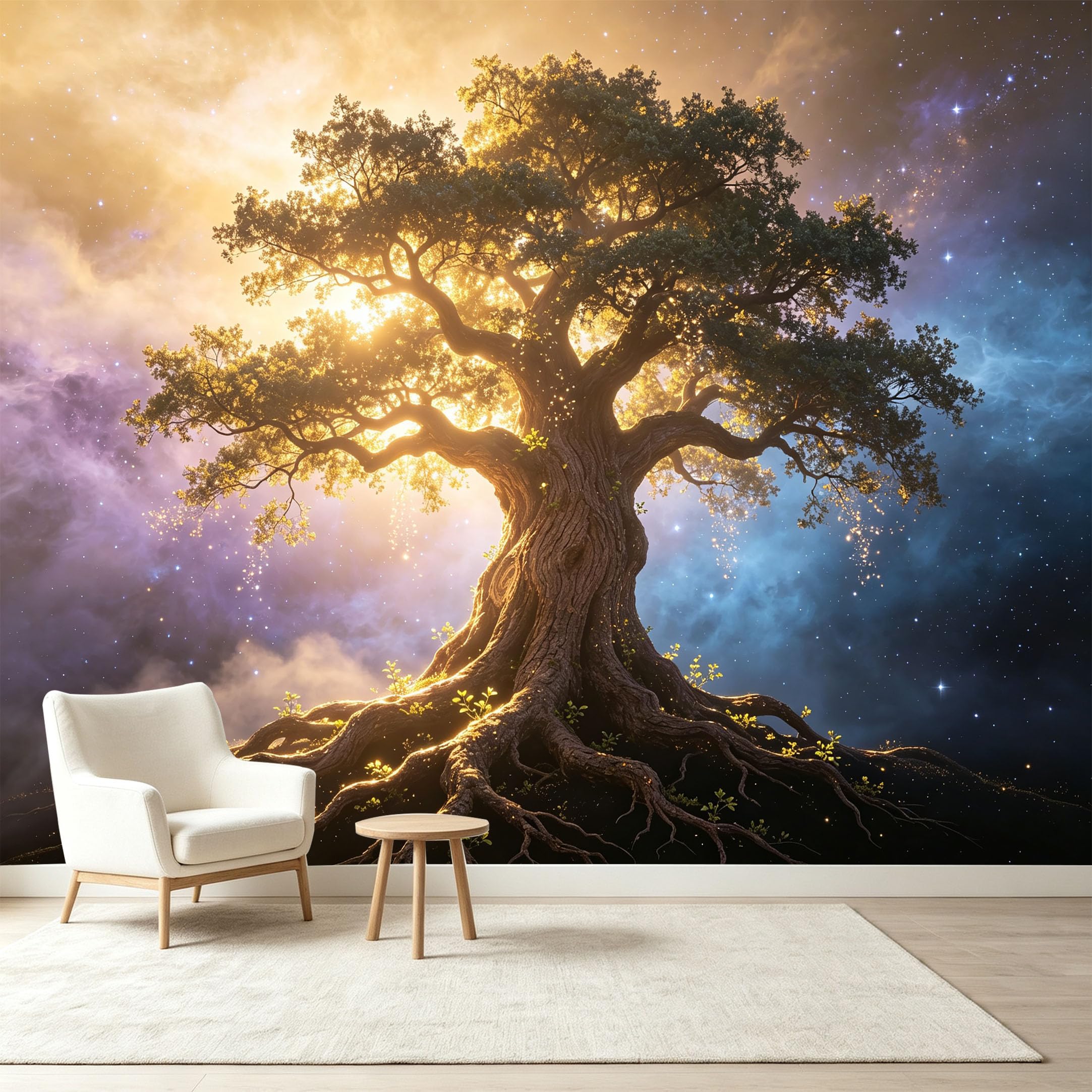 Custom Size Wall Murals Cosmic Ancient Tree Nebula Energy Giant Tree Self-Adhesive Wall Fabric Removable Wallpaper Wall Decor for Living Room Bedroom Bathroom