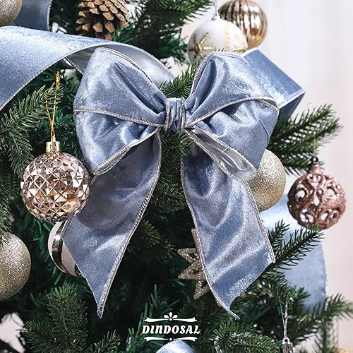 Miniatura 6 de Cinta de terciopelo azul polvoriento con alambre de 2.5 pulgadas x 10 yardas, cinta azul de Navidad con alambre con parte trasera metálica plateada