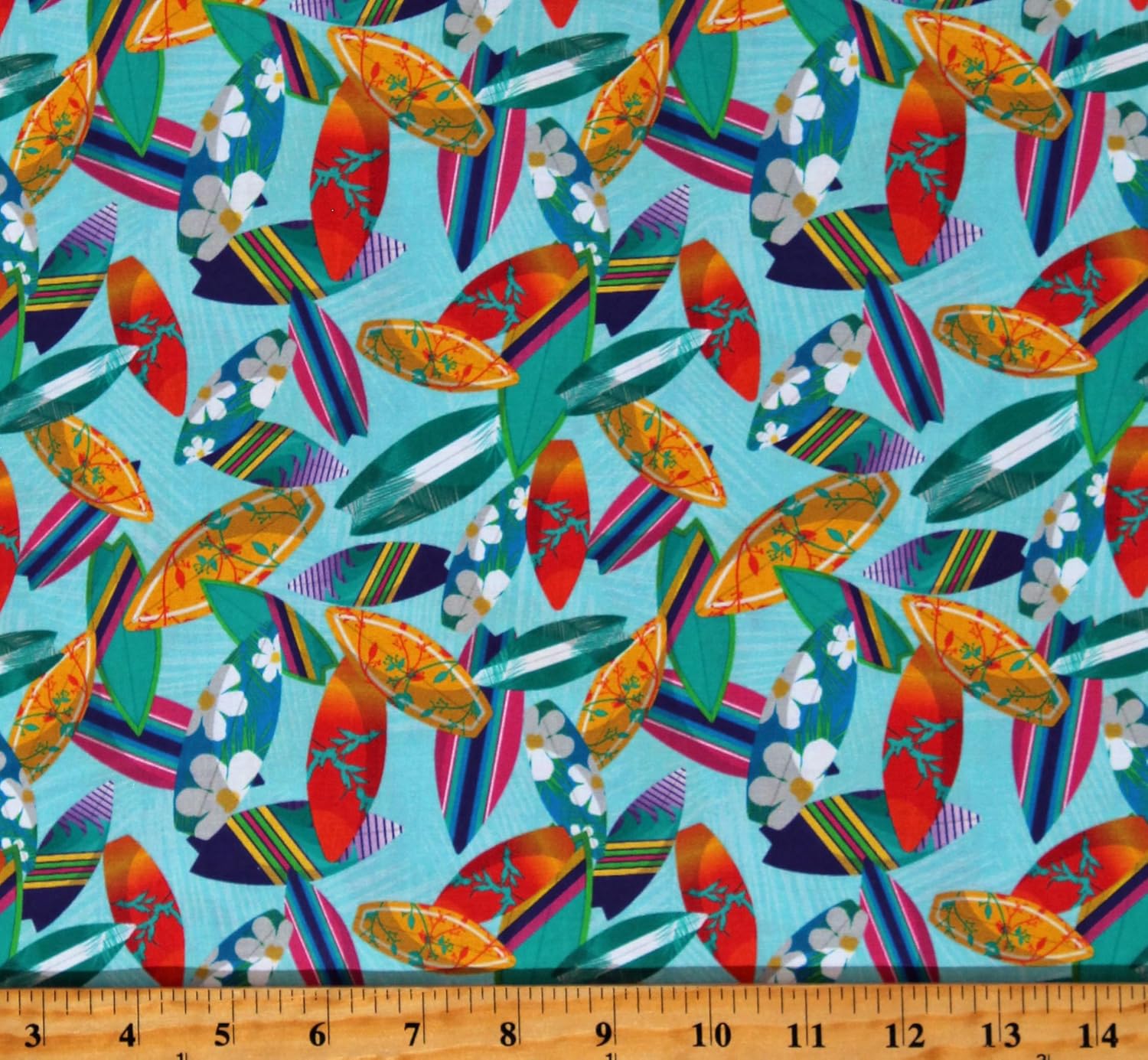 Cotton Surfboards Surfing Surfers Beach Summer Vacation Tropical Travel Surfs Up Aqua Cotton Fabric Print by The Yard (126320)