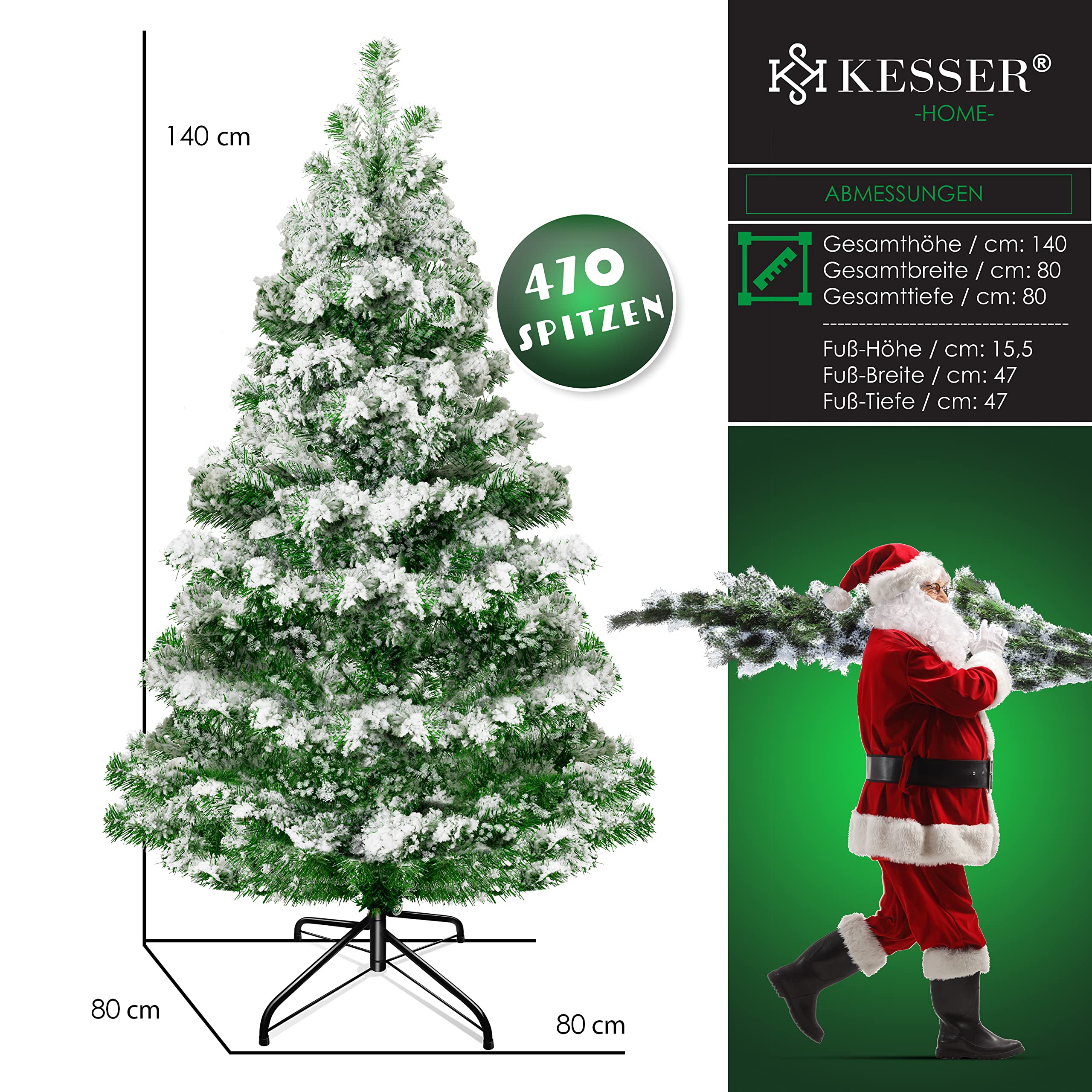 KESSER® Weihnachtsbaum künstlich 140 cm Schneezauber – Tannenzweige wie echt – naturgetreuer Tannenbaum mit Ständer, dichtes Bäumlein, realistischer Pine Tree, Weihnachtsdeko, Christbaum, Dunkelgrün