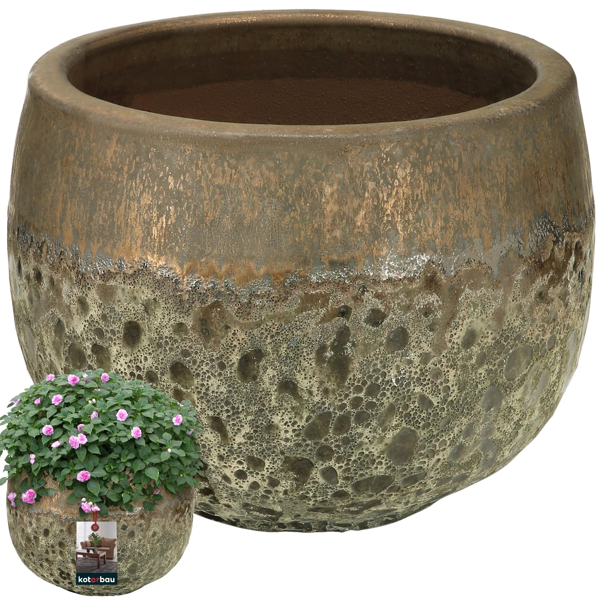 KOTARBAU® Doniczka Donica Ceramiczna ⌀ 38 cm Do Salonu Na Taras Mrozoodporna Złota Nowoczesna Handmade Rękodzieło Atlantis