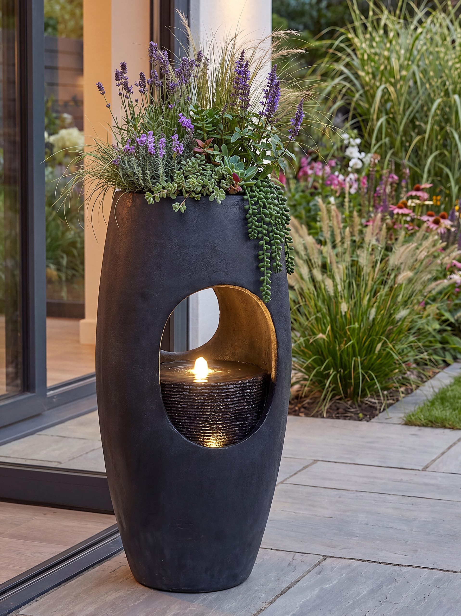 Großer Gartenbrunnen 91 cm bepflanzbar, Indoor & Outdoor Brunnen aus Polyresin, moderner Zimmerbrunnen mit LED-Beleuchtung, Pflanzkübel Springbrunnen für Terrasse Garten Balkon