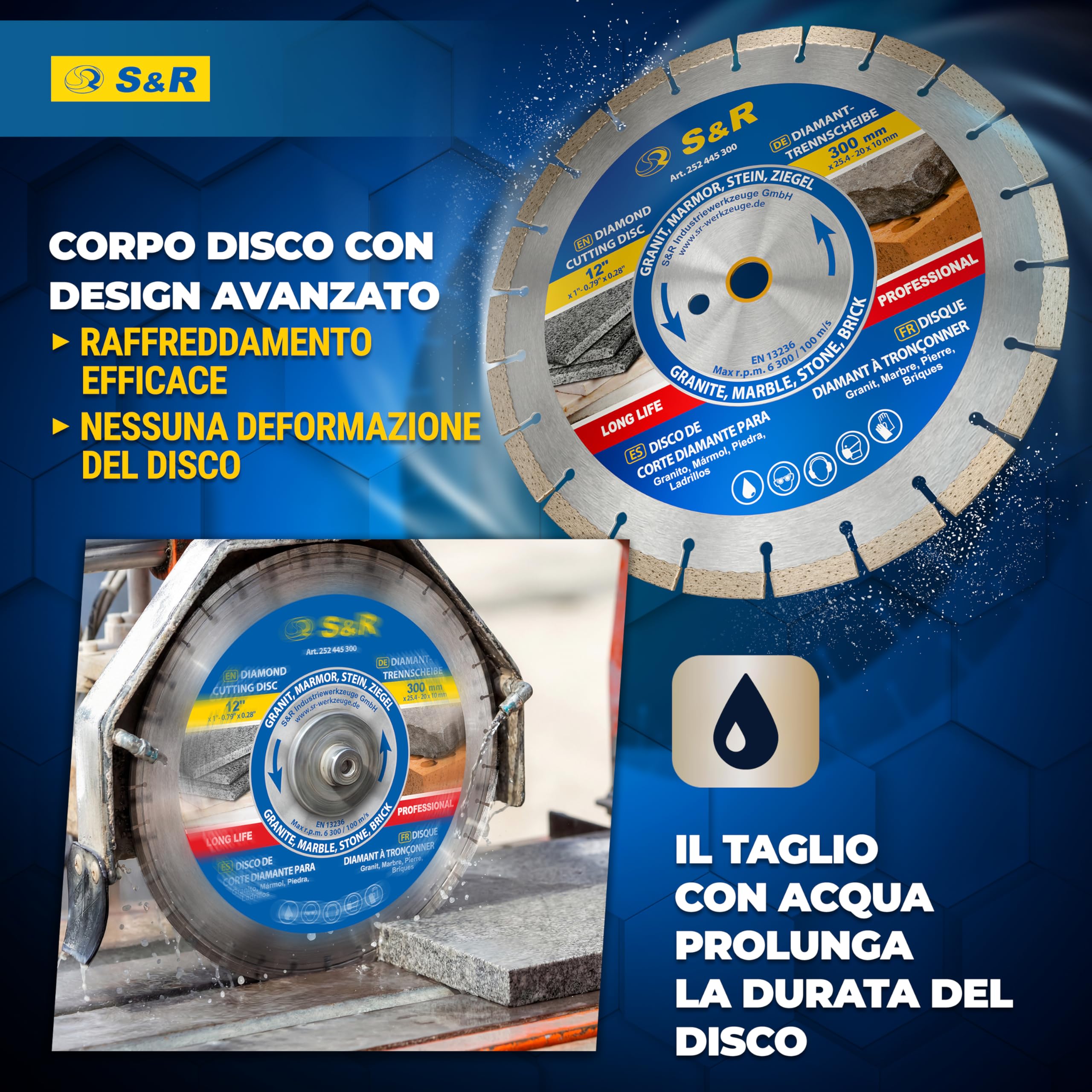 S&R Disco Diamantato Professionale 300 mm Segmentato Laser – Disco da Taglio Diamantato per Gres Porcellanato, Ceramica Dura, Granito, Marmo, Pietra e Mattoni – Foro 25,4 mm – Segmenti 10 mm.
