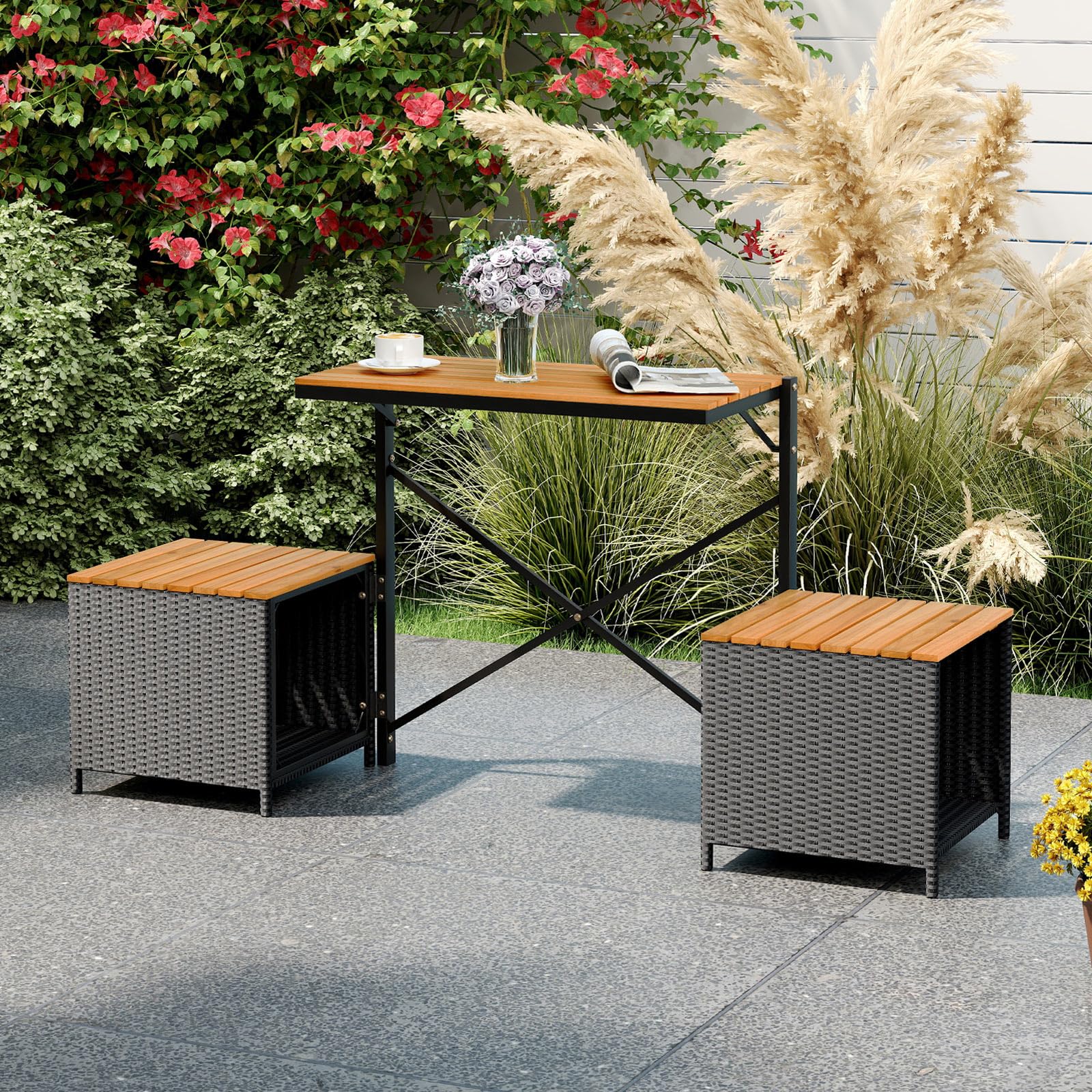 LIFEZEAL Set Salotto da Giardino 2 in 1 Versatile (Nero+Naturale) | Tavolo, 2 Sedie Contenitore in Rattan e Legno di Acacia, Convertibili in Panchina, Portata 360 kg, per Terrazza, Balcone