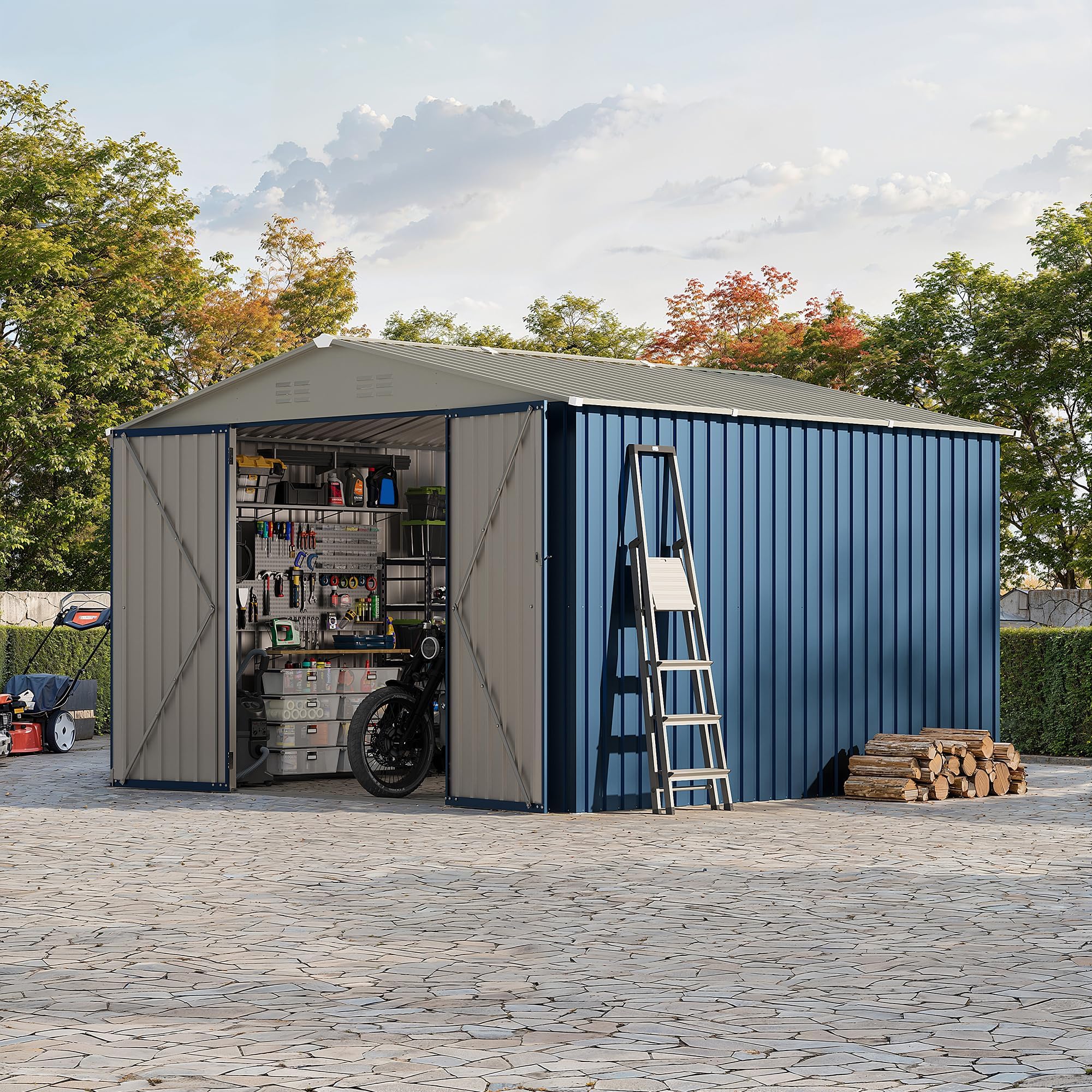 10X12 FT Storage Shed，Lockable Gable Roof Garden Shed with Grid Window, All-Weather Resistant Storage Unit for Bikes, Ladders, Patio Supplies & Garden Essentials