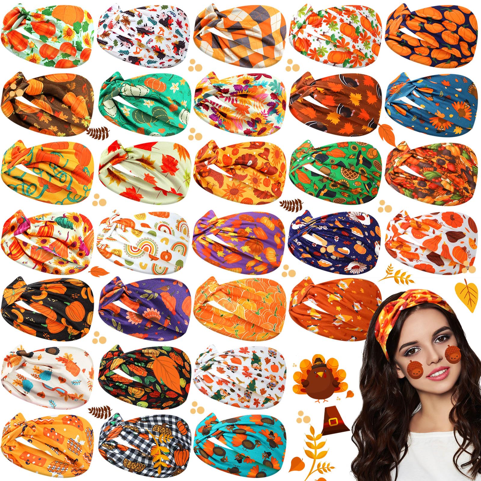 Giegxin 30 diademas elásticas de otoño para mujer, accesorios para el cabello de calabaza de otoño, envolturas elásticas para la cabeza para mujeres y niñas