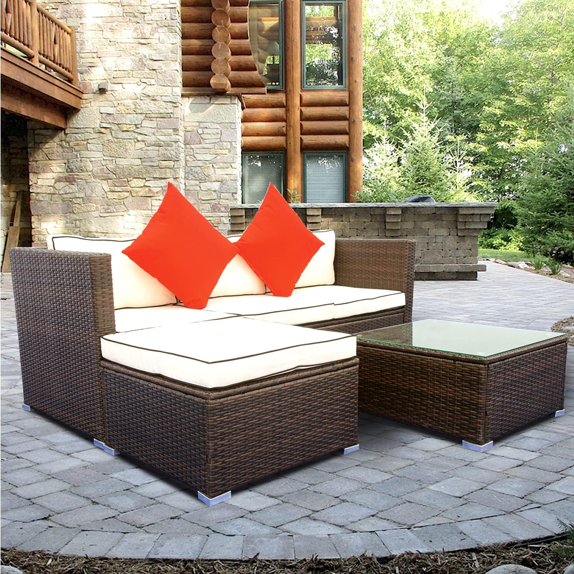 kupet Patio Furniture Sets Outdoor Sectional Sofa Wicker Rattan Couch with Coffee Table for Garden Poolside Backyard & Deck, White