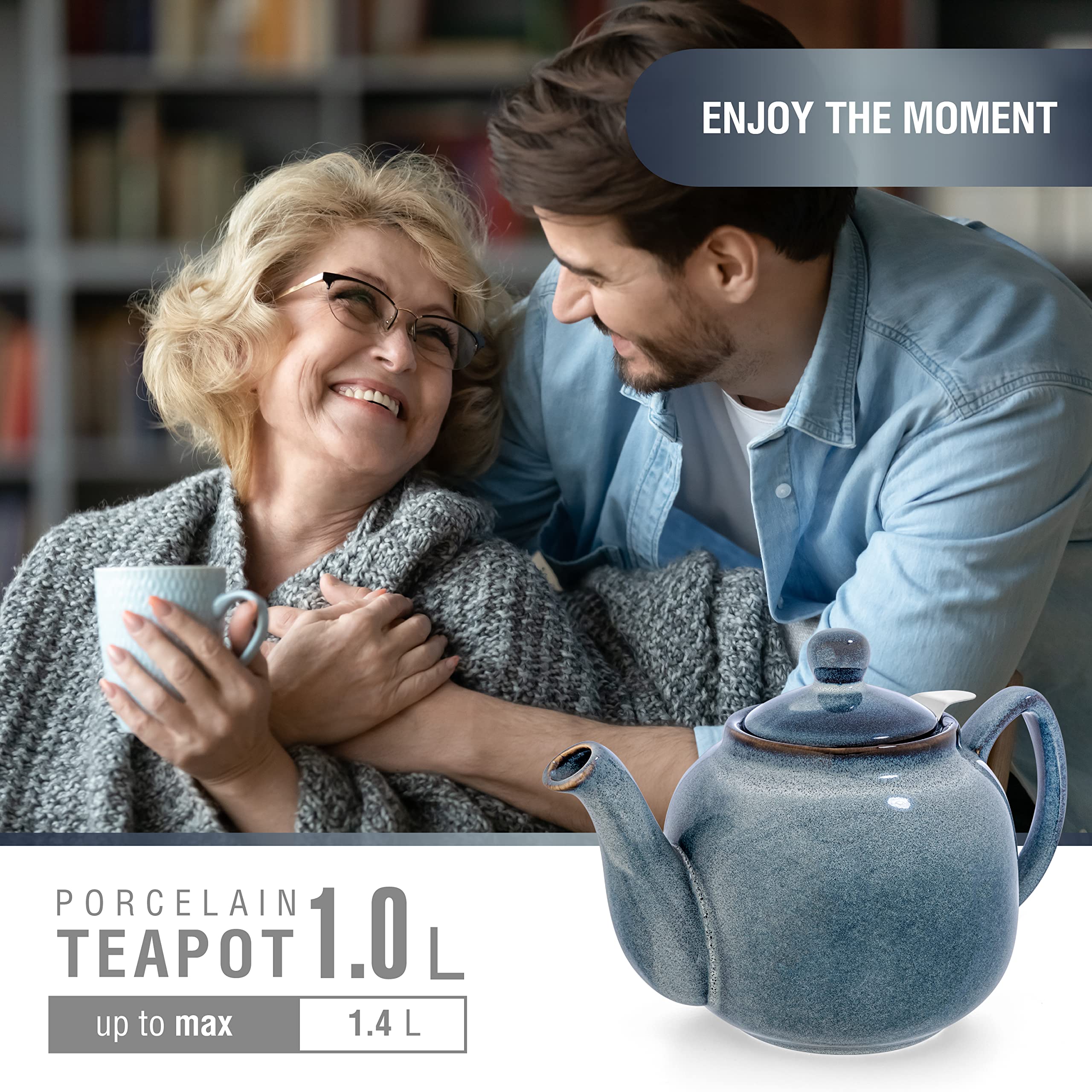 Théière "Bristol" à glaçure dégradée, émaillée à la main (gris-bleu avec filtre) THÉIÈRE THÉIÈRE STYLE CLASSIQUE ANGLAIS 1 litre en céramique fine avec une glaçure adaptée à l'usage alimentaire