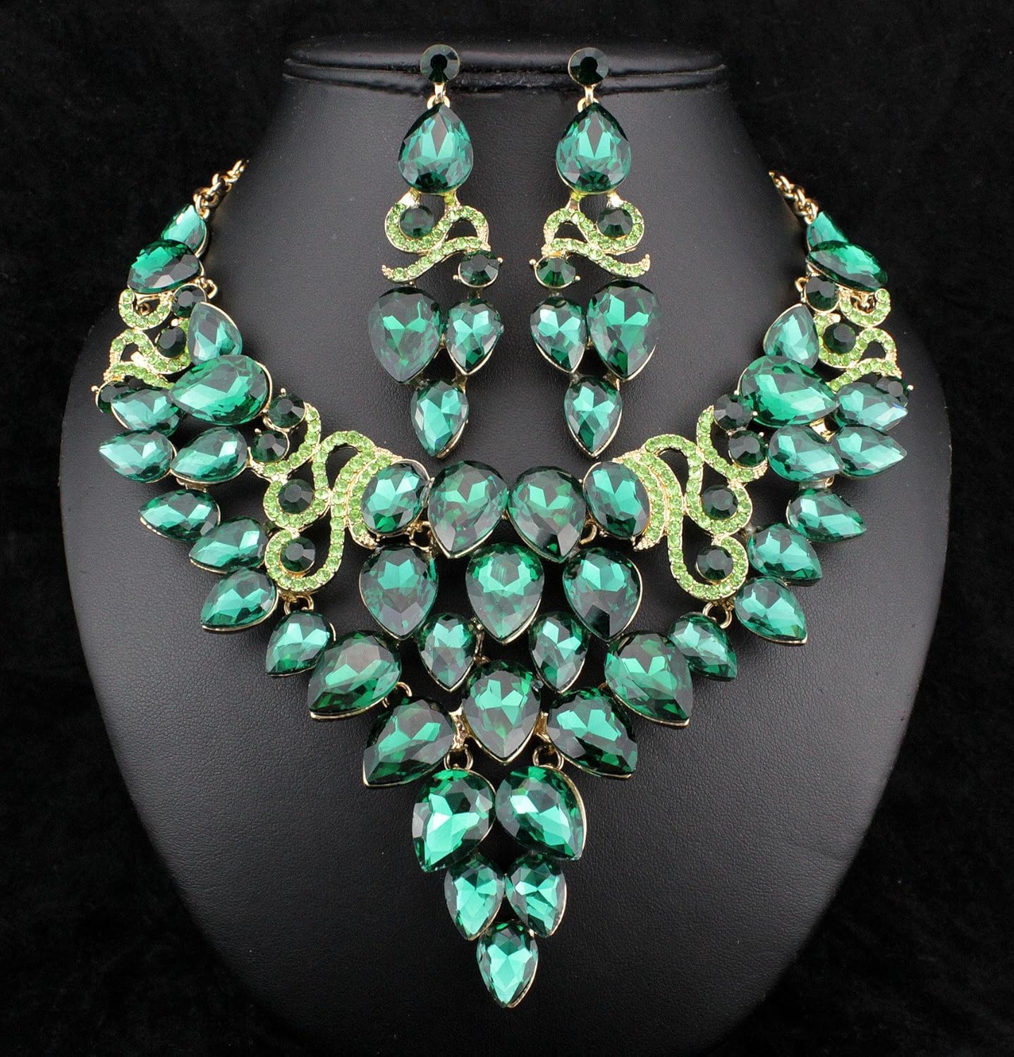 Elegant Emerald Green Austrian Cystal Rhinestone Necklace Earrings Set Prom N893
