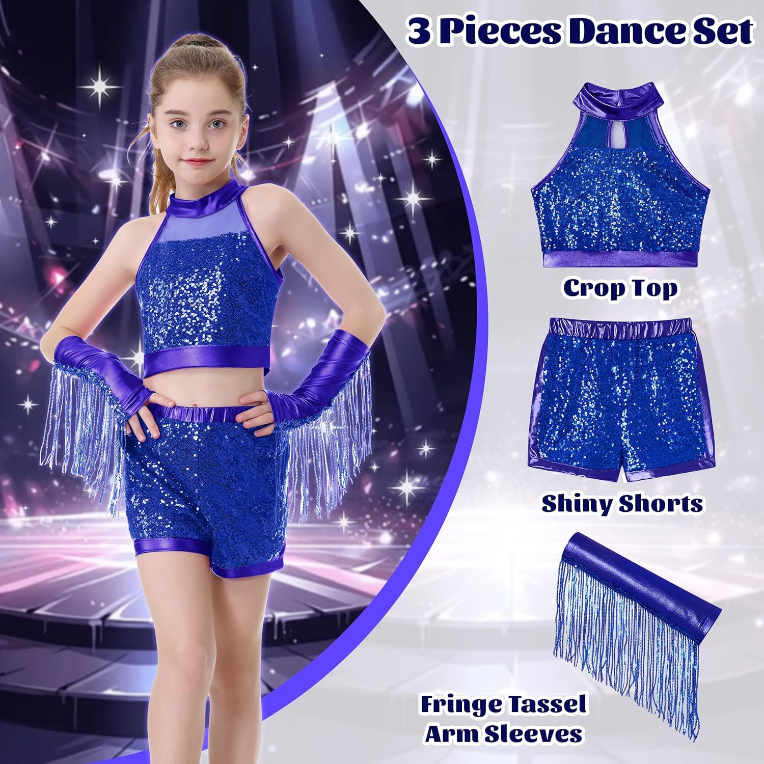 LOLANTA Girls Sequin Dance Outfit Crop Sequin Top Metallic Shorts with Tassel Arm Sleeves 5-13 Years Recital Costumes - Image 2