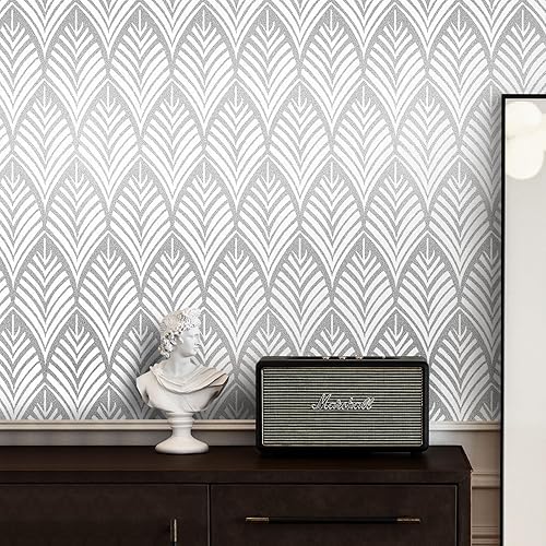 Miniatura 4 de Amiya Papel tapiz autoadhesivo de hojas plateadas de 17.5 x 120 pulgadas, papel de contacto extraíble, bohemio, gris, para pared de baño,