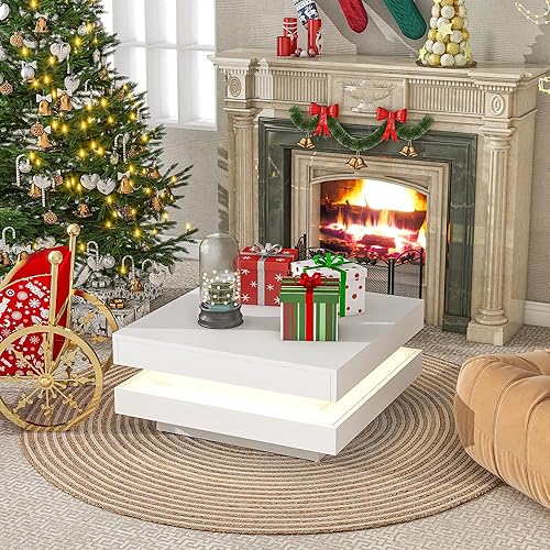 Mesa de centro cuadrada moderna, mesa de cóctel de 2 niveles con iluminación LED y control remoto, mesa central de alto brillo para sala de estar