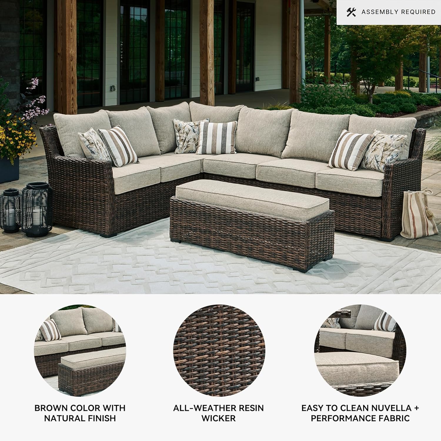 Signature Design by Ashley Brook Ranch Casual Nuvella Weather Resistant Fabric Right Hand Facing Outdoor Sofa Sectional/Bench with Cushion and 6 Throw Pillows, Set of 3, Beige & Dark Brown