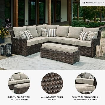 Signature Design by Ashley Brook Ranch Outdoor Sectional, AllWeather Resin Wicker Patio Furniture With HighPerformance Cushions, Durable Aluminum Frame, Neutral
