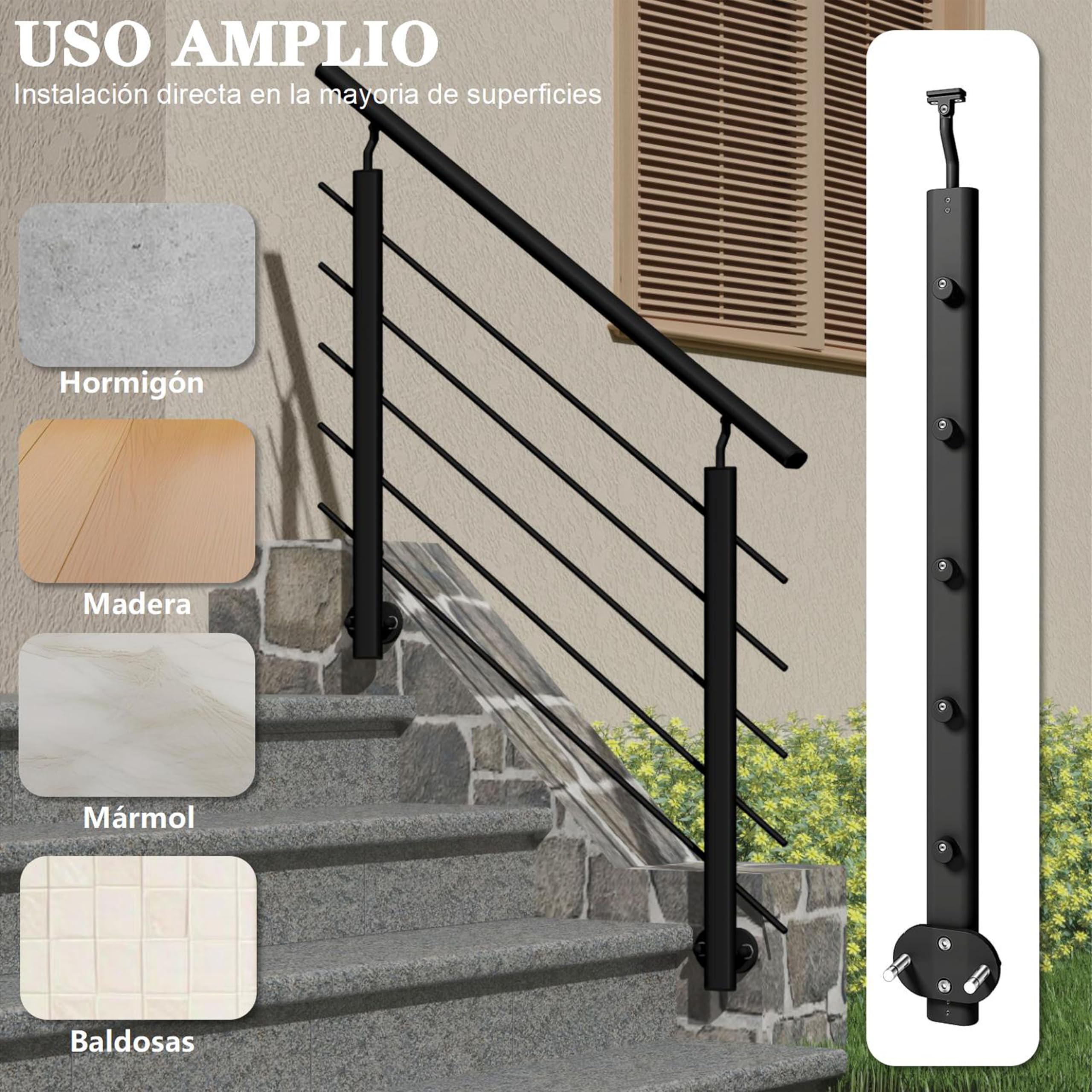 AICA 150x100cm Barandillas de aluminio, Barandilla de escalera, Ángulo de montaje ajustable, uso interior y exterior - Negro mate - fijaciones lateral