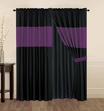 WPM Luxury Embroidered Curtain Set. 4 Piece Drapes with Backing & Tie Backs Rod Pocketed Purple Black Panels 120" Wide x84 Tall- HS16