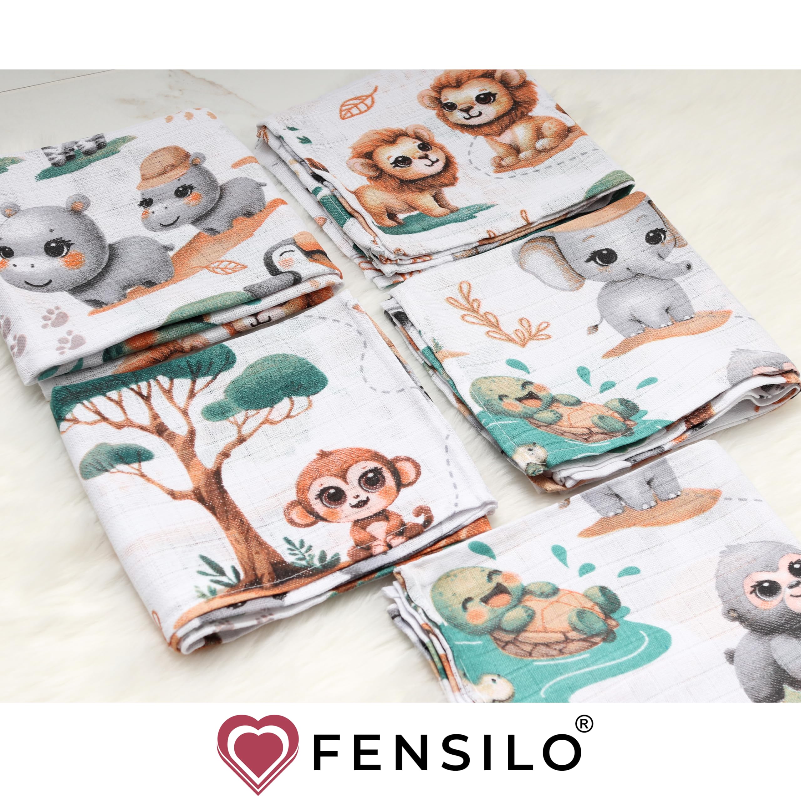 FENSILO Lot de 5 langes en mousseline pour bébé | Bavettes | Couches en tissu - 70 x 80 cm pour bébé et nouveau-né | Serviettes en mousseline pour garçon et fille | Bavettes en coton | Essuyage | 1010