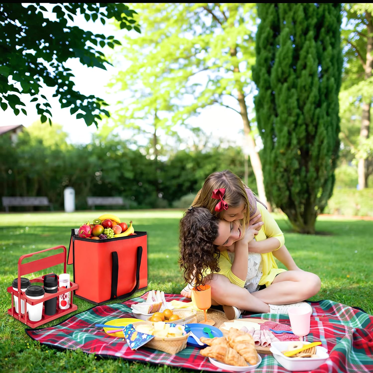 Reusable 6 Cup Drink Carrier with Handle and Insulated Food Delivery Bag, Portable Plastic Cup Caddy, 26L Grocery Cooler Box for Car Delivery, Travel, Picnic - Image 5