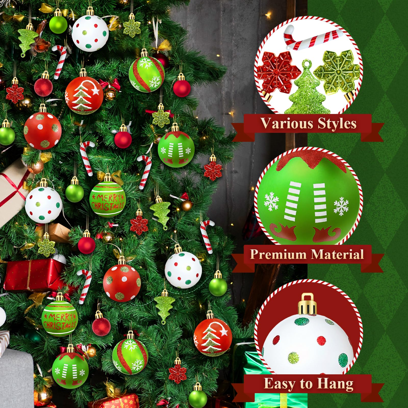 46 adornos de bolas de Navidad, rojo y verde