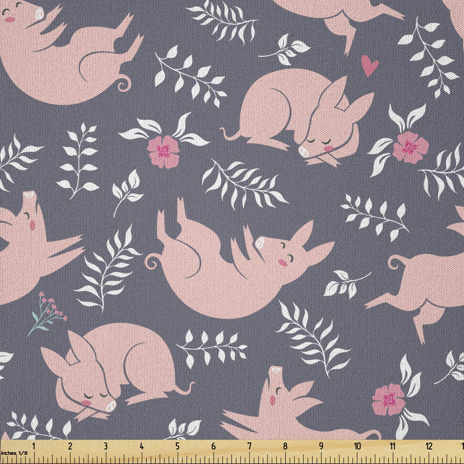 Lunarable Pigs Fabric by The Yard, Childish Pig Animals Sleeping and Playing Among Leaves and Blossoms, Microfiber Fabric for Arts and Crafts Textiles &amp; Decor, 1 Yard, Coral Pink and Grey
