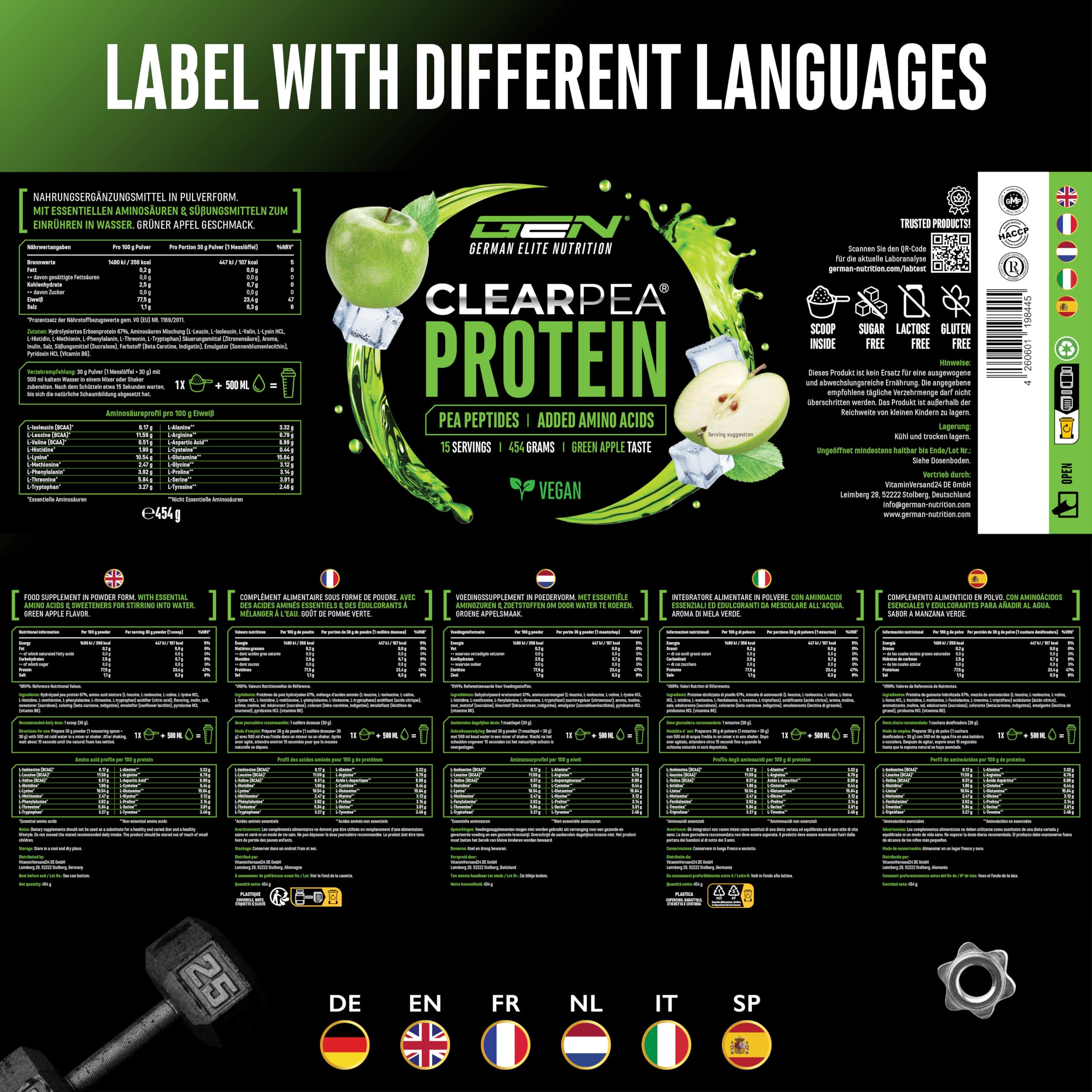 ClearPea® - Clear Protein Vegan - Lecker & erfrischender veganer Eiweiß-Shake - Veganes Eiweißplulver aus Erbsenproteinhydrolysat Pepitde - Clear Whey Alternative (454g, Green Apple)