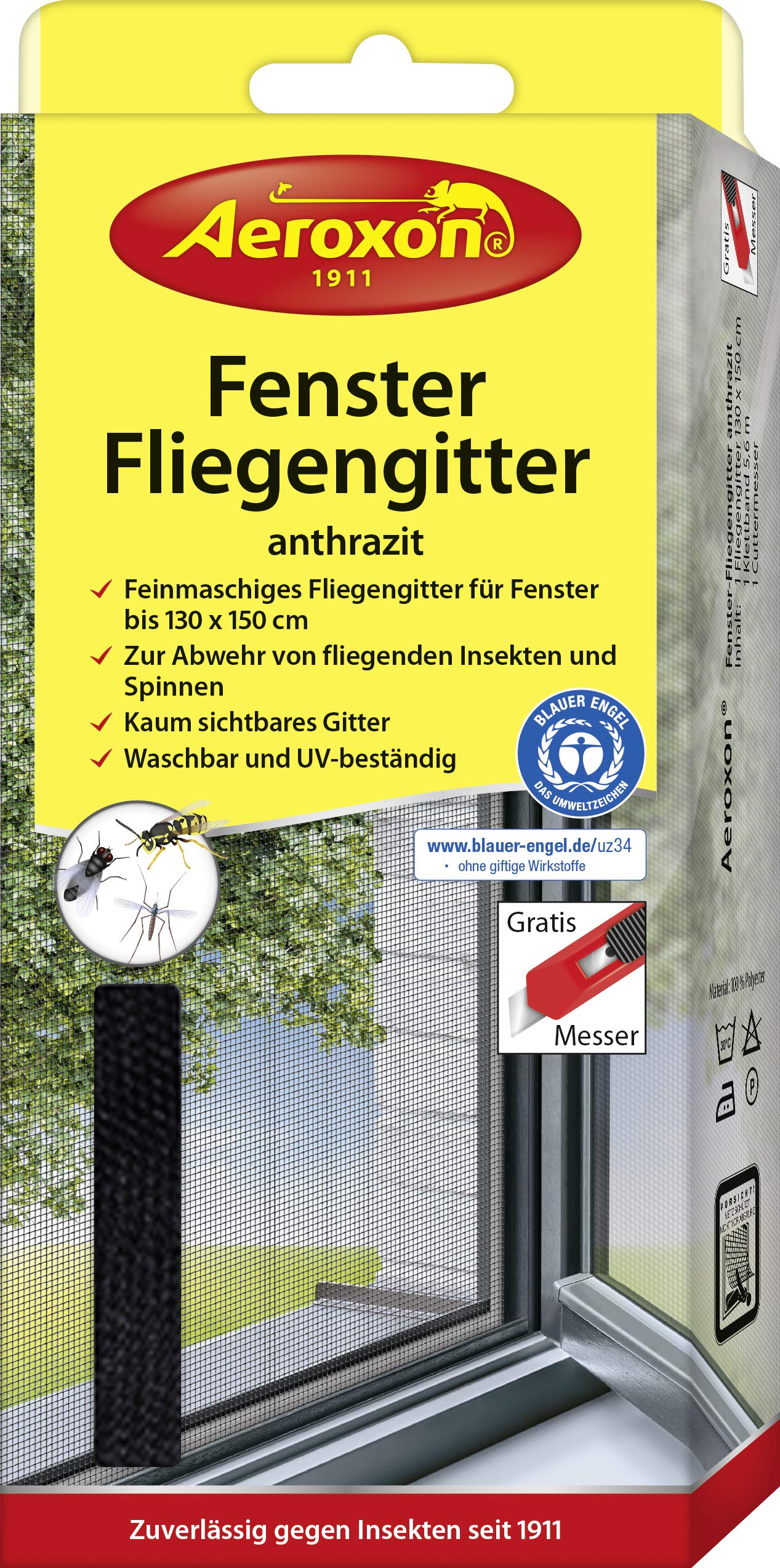 Aeroxon Fenster Fliegengitter Anthrazit 130cm x 150cm, 6er Vorteilspack (6x 1 Stück)