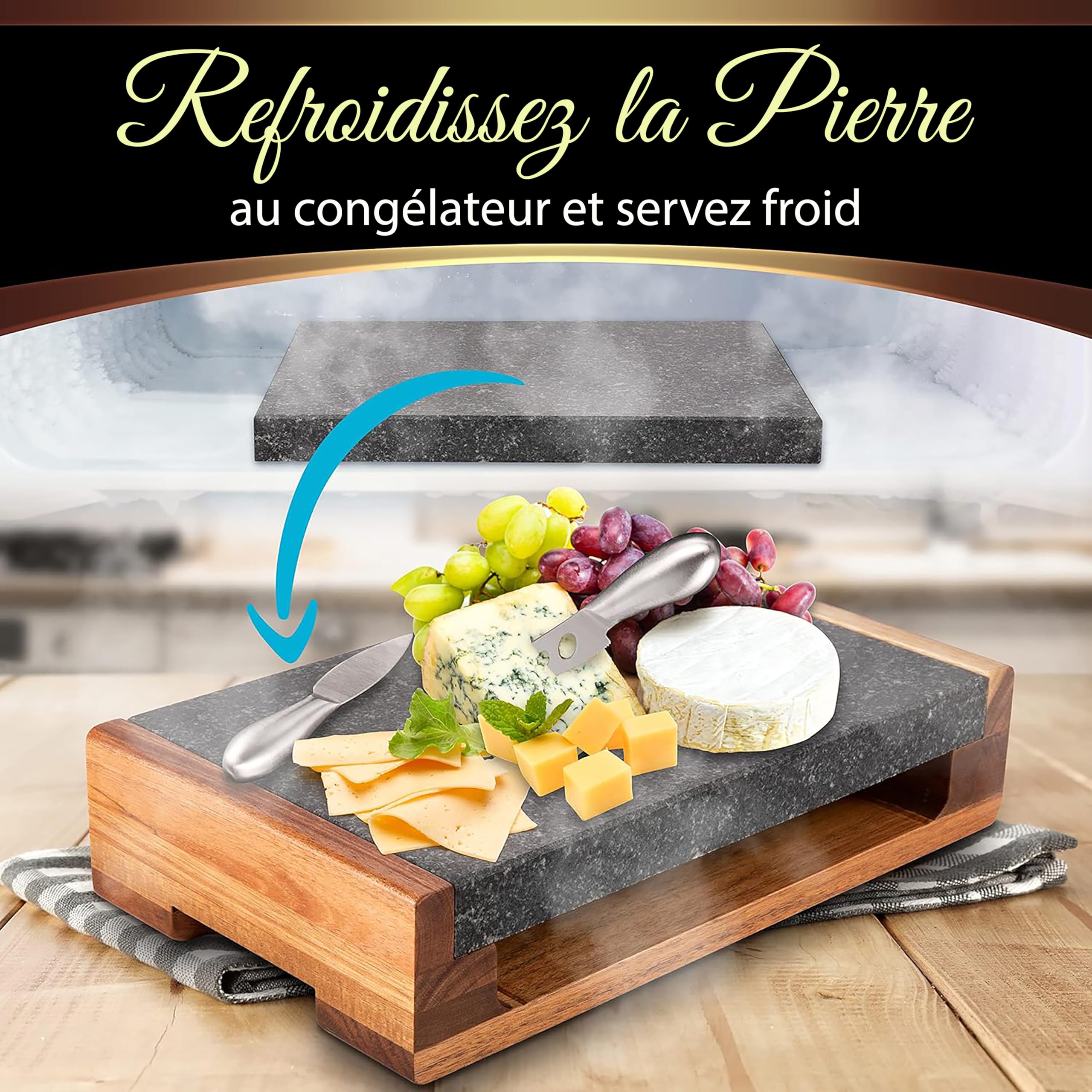 Nutrichef Ensemble de Grillade avec Pierre de Cuisson- Plaque Grésillante en Roche Volcanique pour Steak, BBQ et Viandes Cuit et Retien-Plateau Chauffant pour Servir les Aliments