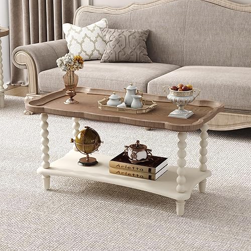 Miniatura 2 de Function Home - Mesa de centro de granja, mesa rústica blanca de estilo francés con estante de almacenamiento, mesas de centro de madera para sala