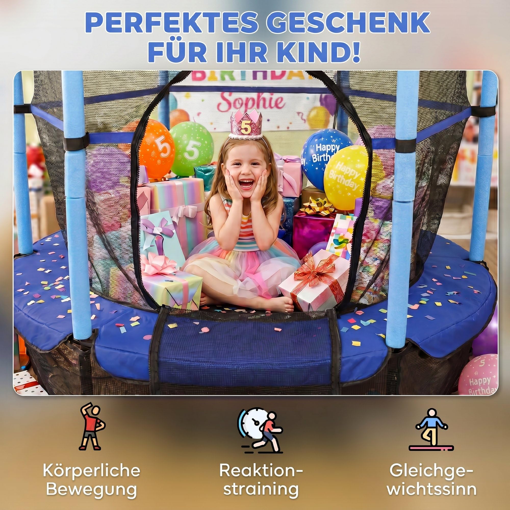 HOMCOM Kindertrampolin Ø163 cm, Trampolin mit Sicherheitsnetz, Randabdeckung, Gartentrampolin für Kinder 3-10 Jahre, bis 50 kg belastbar