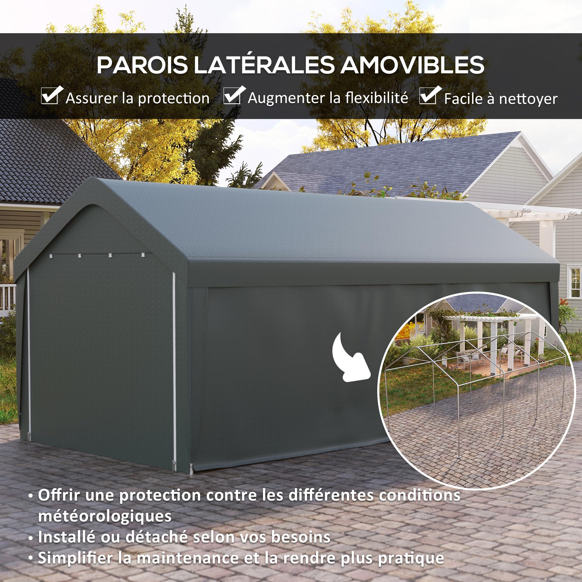 Outsunny Carport tenda da garage 3 x 6 m, tettoia per auto all'aperto, tenda di stoccaggio con pareti laterali rimovibili e 2 porte con cerniera avvolgibili, tettoia per auto, camion, barca, grigio
