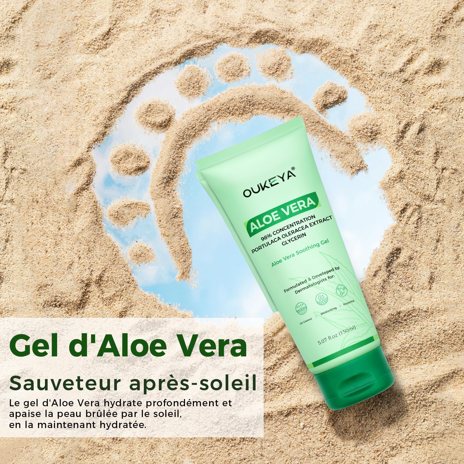OUKEYA Aloe Vera Pure Gel 150 Ml + 2% Niacynamid, Do Twarzy, Ciała i Włosów, Na Poparzenia Słoneczne, Oparzenia i Suchą Skórę, Łagodzący, Wzmacnia Barierę Skórną, Dermatologicznie Testowany