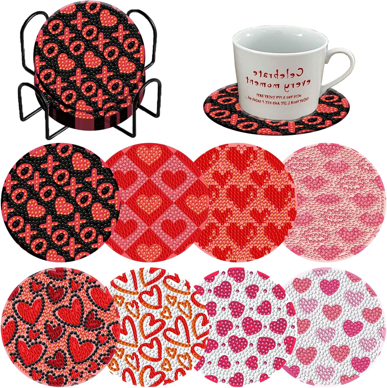 8 Pieces Valentine's Day Diamond Painting Coasters Kits with Holder DIY Valentine's