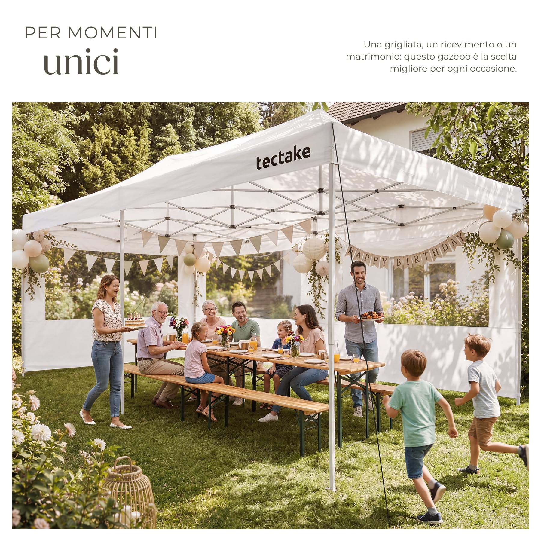 tectake® Gazebo esterno resistente 3X6 cm, Gazebo 3X6 Pieghevole, Telo Impermeabile Protezione UV, Chiusura Scorrevole, Regolabile in 4 Posizioni, 4 Corde e 10 Picchetti, Borsa da trasporto - Bianco