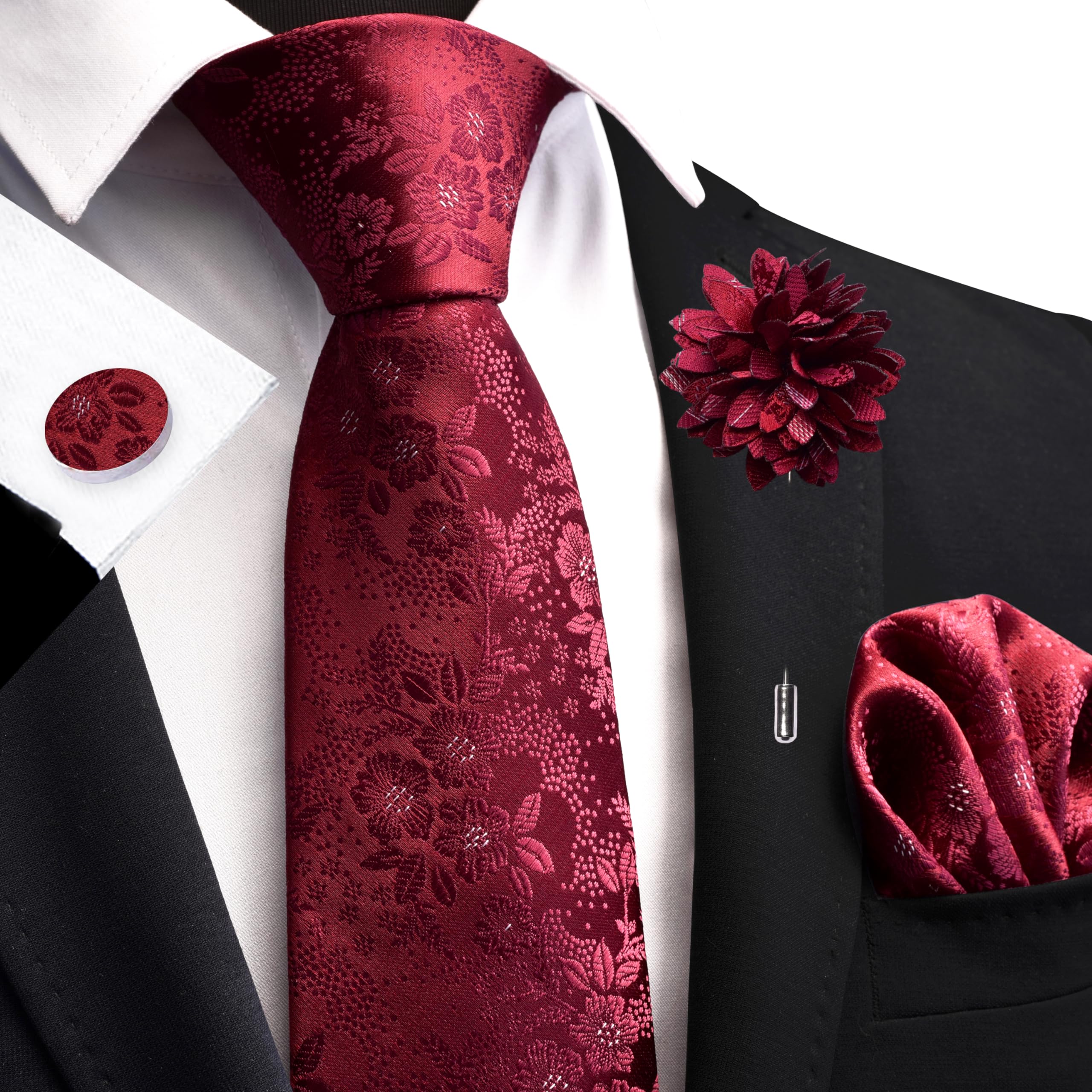 GUSLESON Burgundy Tie for Men Solid Silk Floral Wedding Necktie Pocket Square Cufflinks and Lapel Pin Brooch Set (6107-05)