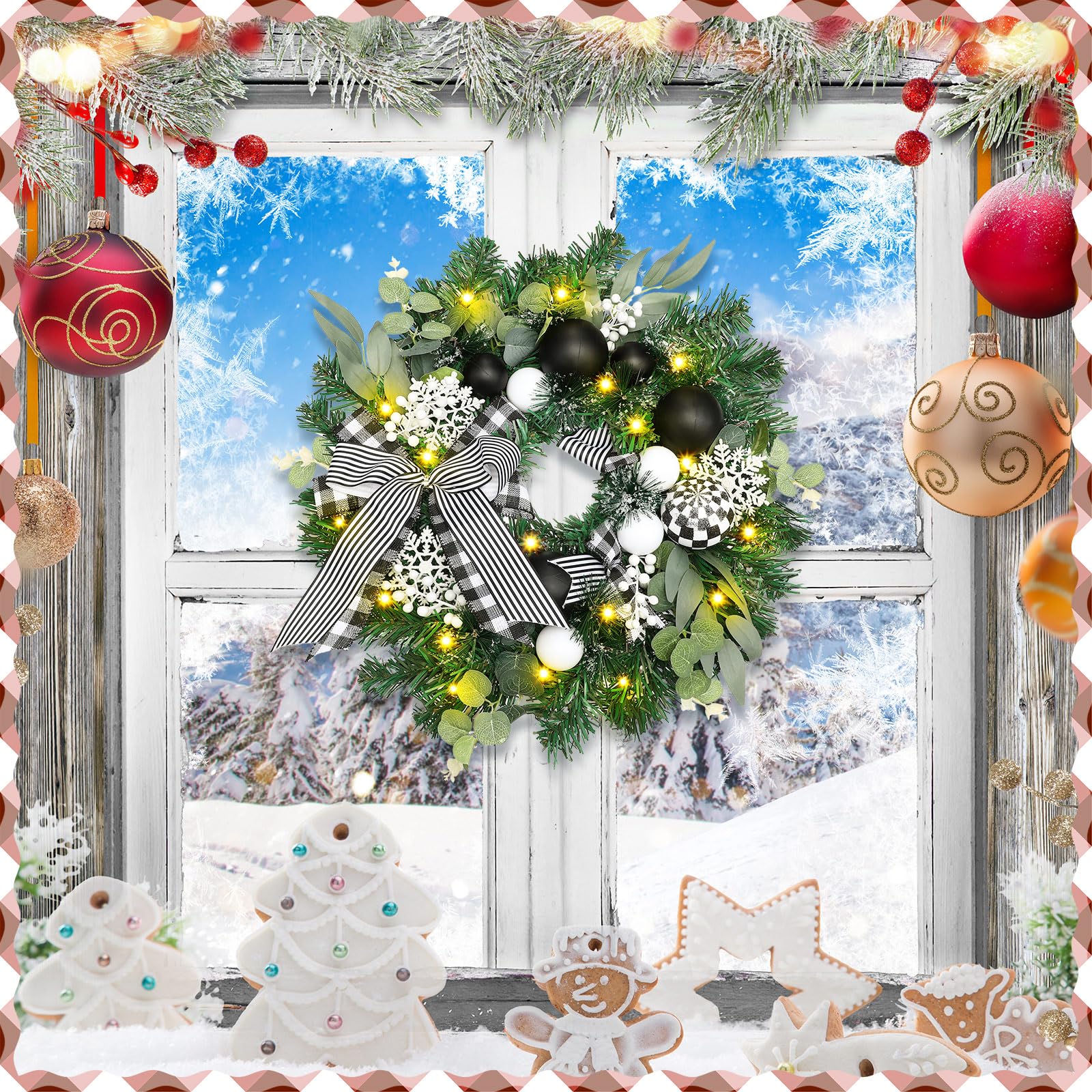 Knitgrip Couronne de Noël pré-éclairée pour porte d'entrée - Couronne de Noël avec boule de Noël noire et blanche et nœud de buffle - Couronne lumineuse à 20 LED pour les vacances, l'intérieur, le