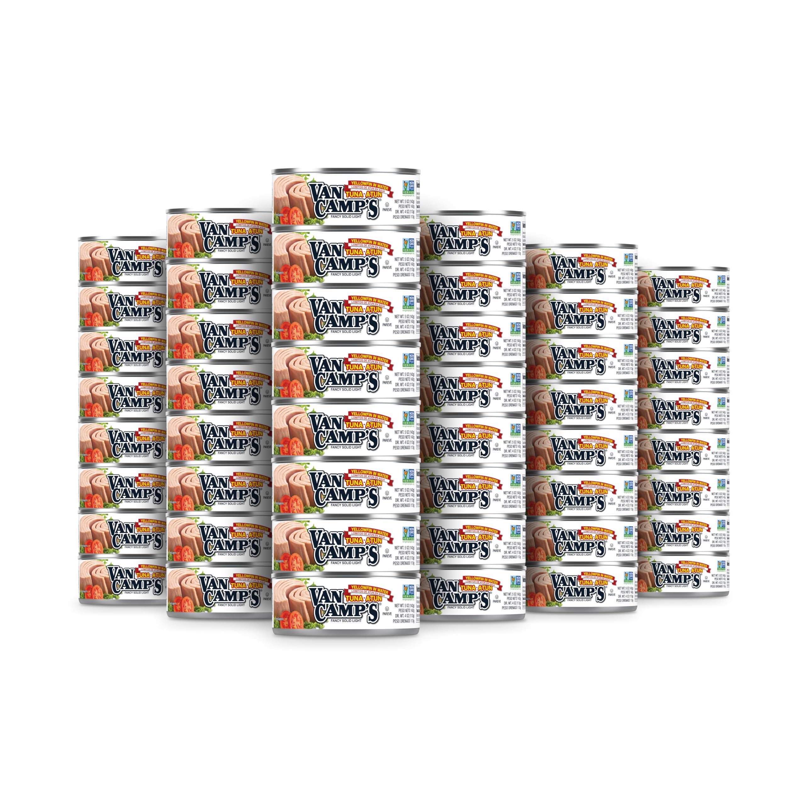 Van Camp's Seafood Solid Light Yellowfin Tuna in Water, 5 oz. Can (Pack of 48), Wild Caught Canned Tuna