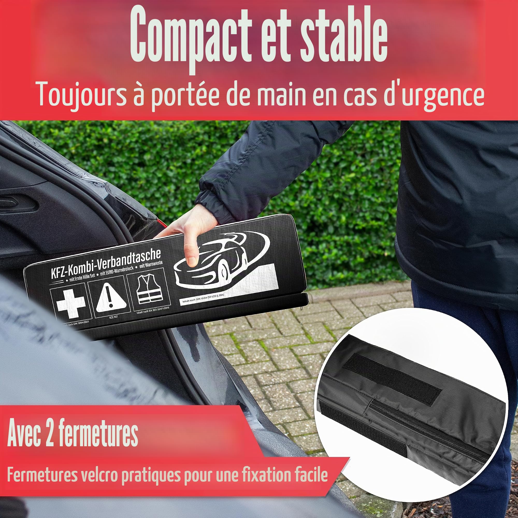HELDENWERK Kit de premiers secours 3 en 1 pour voiture 2026 utilisable et testé dans toute l'Europe (conforme à la StVO) I Sac combiné de voiture avec gilet de sécurité, triangle de signalisation et