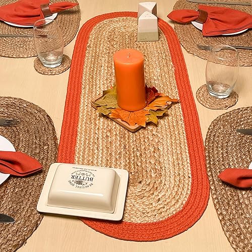 Miniatura 13 de CHARDIN HOME Verona - Camino de mesa trenzado ovalado de yute y algodón, tamaño: 13 x 36 pulgadas, color yute natural con borde marrón Natural -