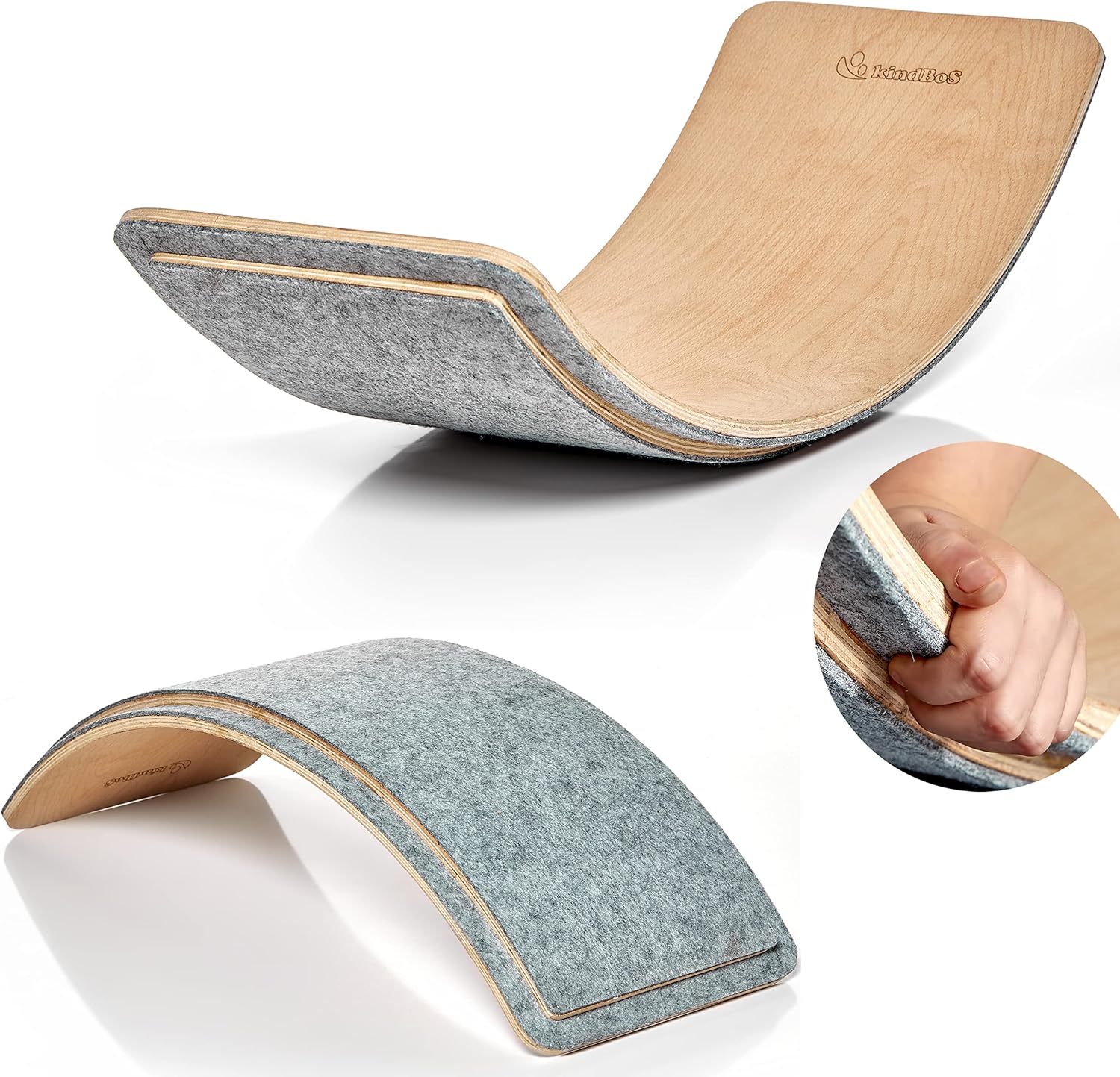 KİNDBOS Tabla de equilibrio infantil de 80 x 30 cm – Tabla de equilibrio de madera con protección de dedos+fieltro/sin fieltro, tabla de equilibrio curvada para niños y adultos