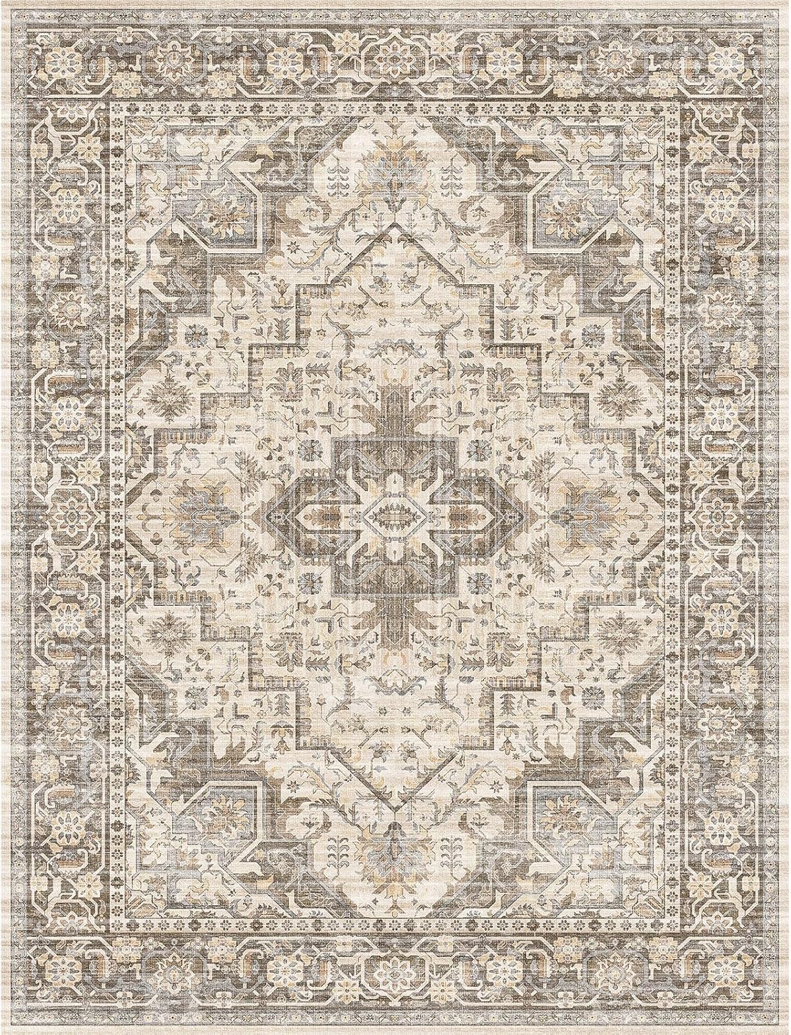 Machine Washable Soft Area Rug 8x10 Rugs with Non Slip Backing for Living Room, Bedroom, Bathroom,Printed Vintage Home Decor, Floor Decoration Carpet Mat (Coffee Beige 8x10)…