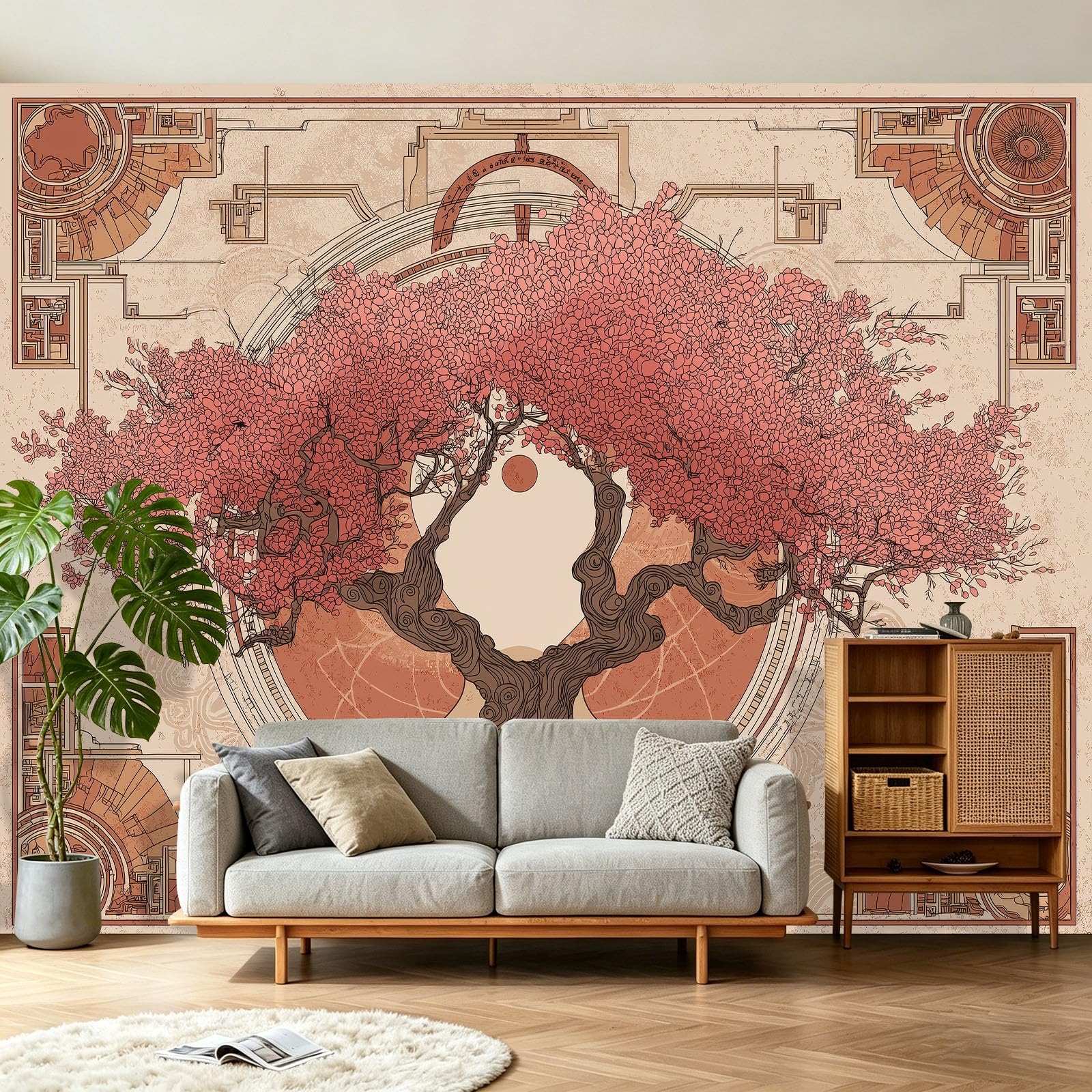 Fototapeta 400 x 280 cm ściany dekoracja salonu dorośli retro orientalne drzewo botaniczne do sypialni salonu tapeta z włókniny, kolor różowy