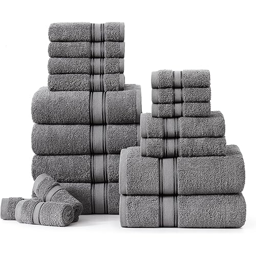 LANE LINEN 100% Mercerized Cotton Bath Towels Set of 18 – Zero Twist, 6 Bath, 6 Hand Towel & 6 Washcloths, Soft, Ideal for Spa Hotel & Home, Gentle on Body, Durable After Multiple Washes – Cool Grey