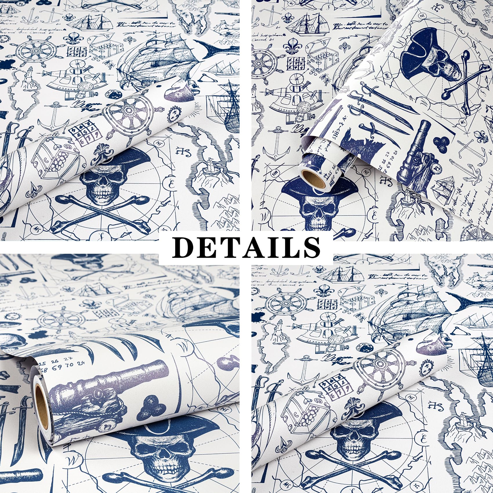 ReWallpaper Navy Sticky Back Plastic Beige Blue Pirate Ship Wallpaper Patterned Contact Paper for Furniture Cabinets Door 44.5CMx3M Peel and Stick Wallpaper Boys Bedroom Nautical Themed - Image 2