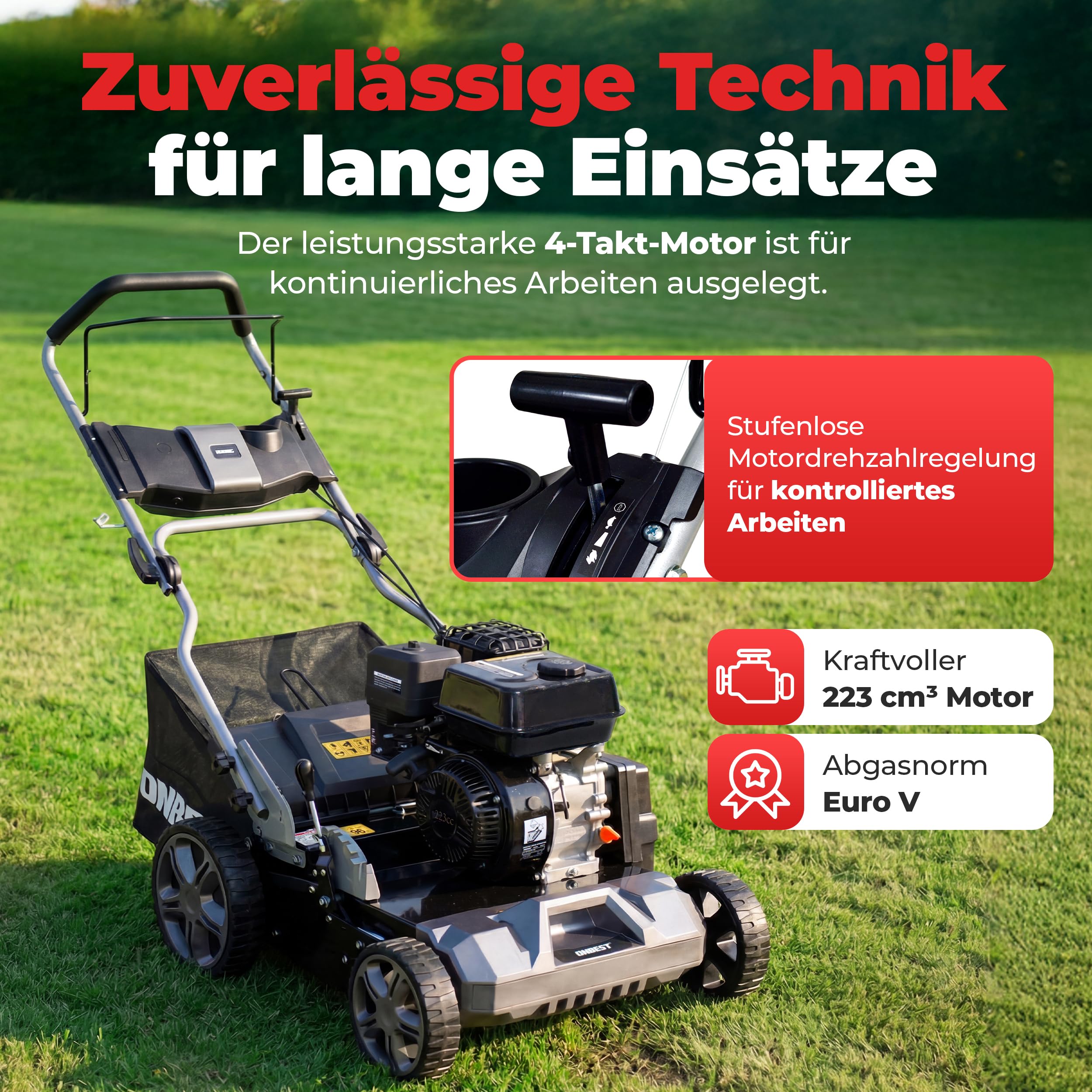 ONBEST Benzin Vertikutierer 4,5 kW 6,12 PS 440 mm | Rasenvertikutierer und Rasenlüfter mit Messer- und Federkrallenwalze, 45 L Fangkorb und 6 Tiefenstufen