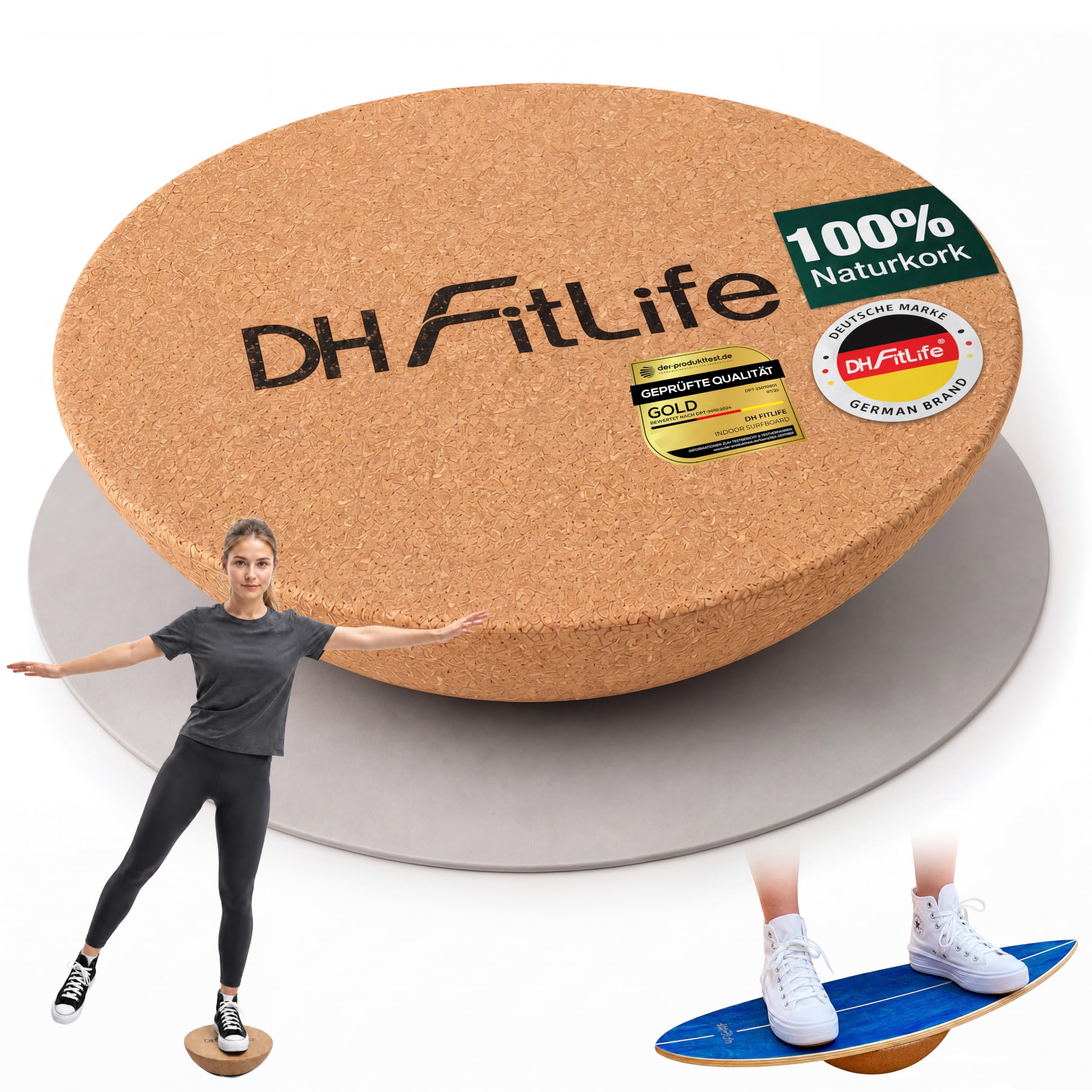 DH FitLife Kork-Halbkugel für Surfing Balance Board Set aus Premium-Kork | 100 % Naturkork｜360° Bewegungsfreiheit｜Rutschfest & bodenschonend｜Universell einsetzbar｜Für Wackelbrett, Plank & Liegestütze