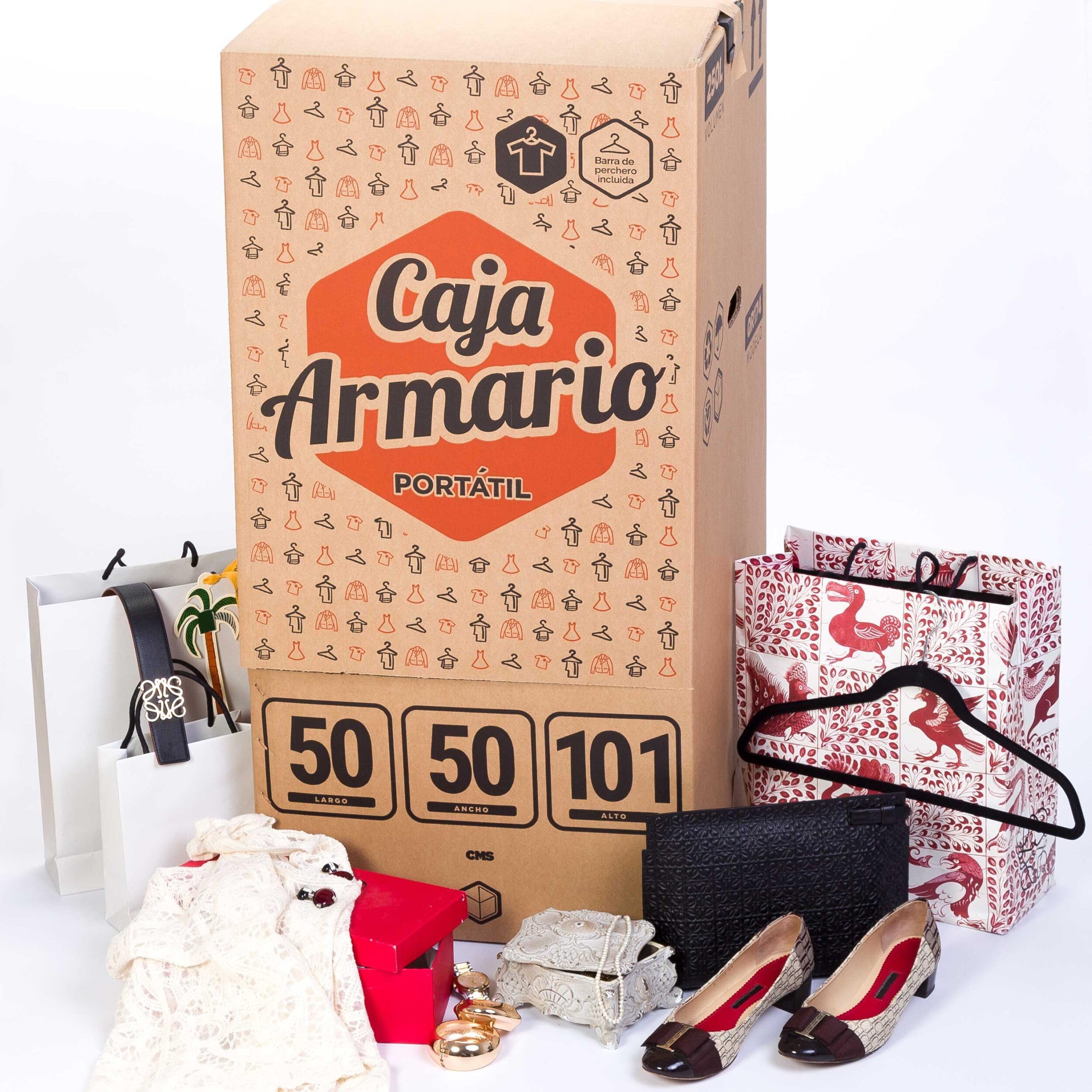 TELECAJAS | Caja Armario Portátil 50x50x101 cm de Cartón Doble | Ideal para mudanzas, trasteros o Viajes | Fácil Montaje con Barras Perchero y Cinta Adhesiva de Regalo Incluidas | Pack de 2 Armarios