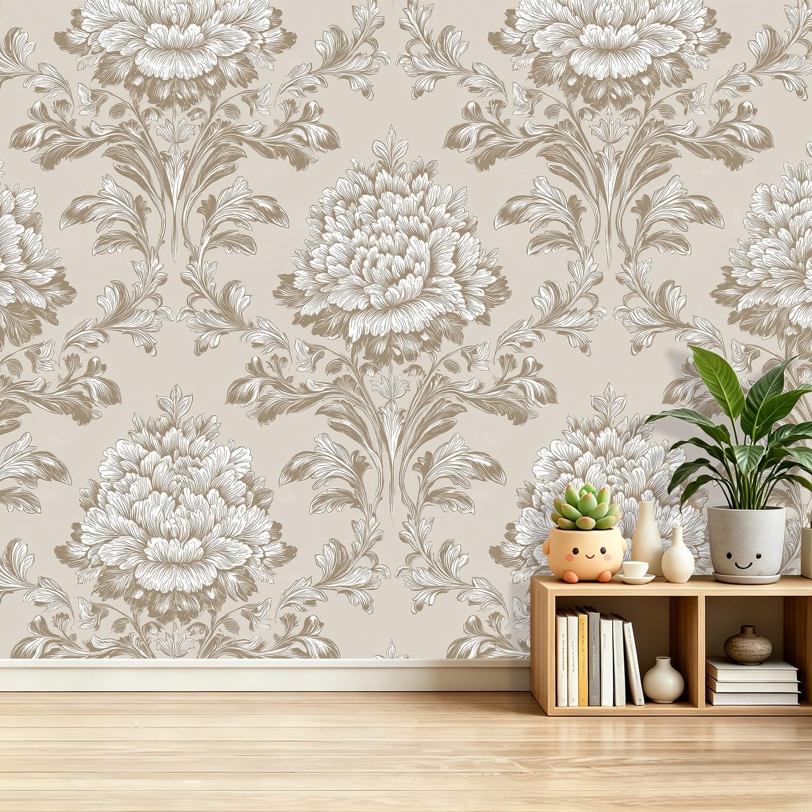 Fototapeta 300 x 210 cm ściany dekoracja salonu apartament główny adamaszek eleganckie kwiaty liście do sypialni salonu tapeta z włókniny, beżowy