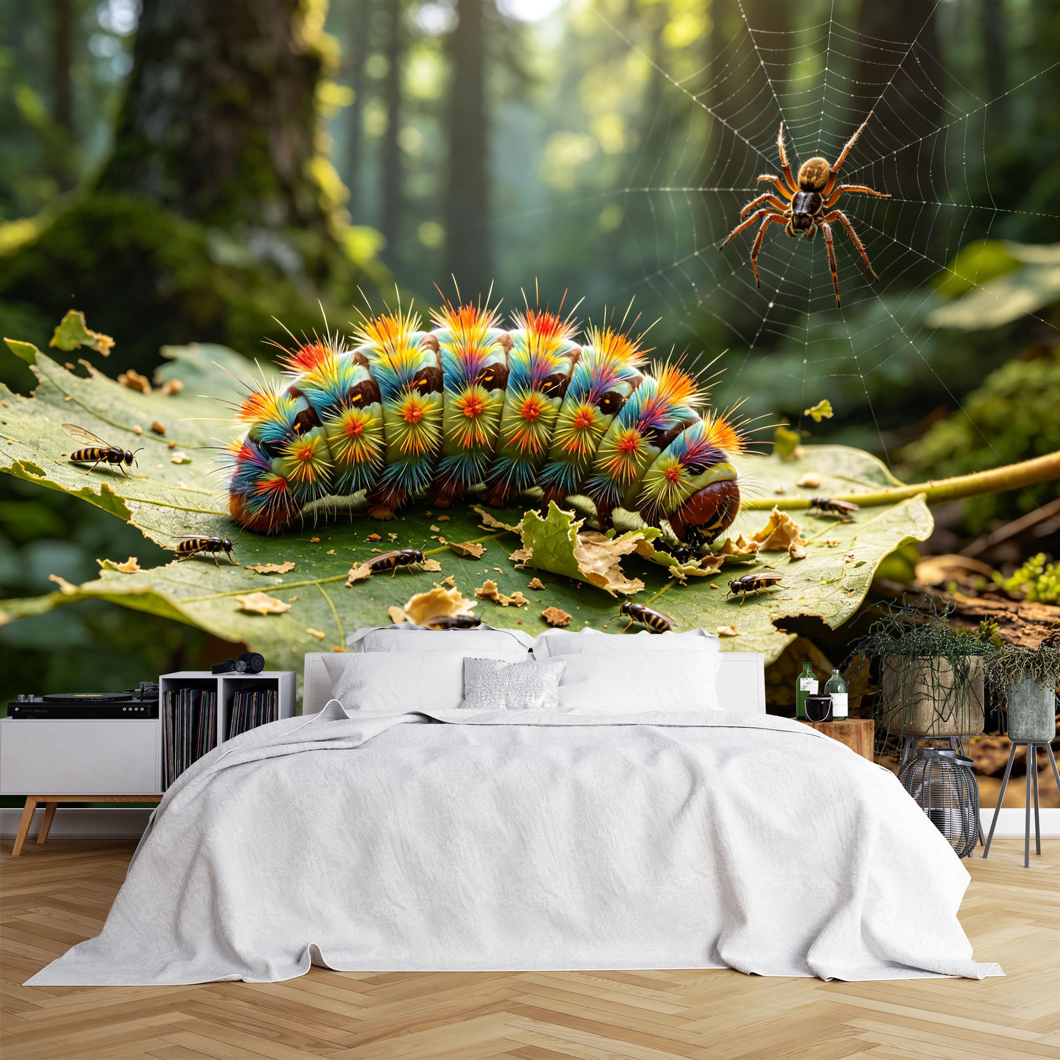 Lcythiazole Ch260615150 Custom Size Wall Murals Colorful Caterpillar Spider Web Forest Bug Scene Wall Murals Insect Wallpaper Hd Self-Adhesive Removable Wallpaper For Basement Garage