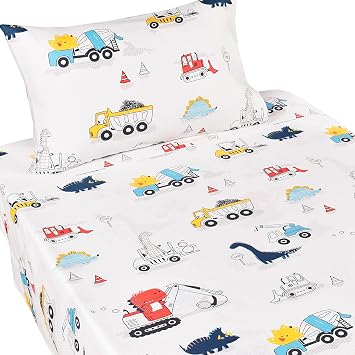 J-pinno Dinosaur Construction Work Digger Cars Vehicle Cute Cozy Fun Twin Sheet Set for Kids Girls Children, 100% Cotton, Flat Sheet + Fitted Sheet + Pillowcase Bedding Set Dinosaur, Twin